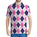 White Pink And Blue Argyle Pattern Print Men's Polo Shirt