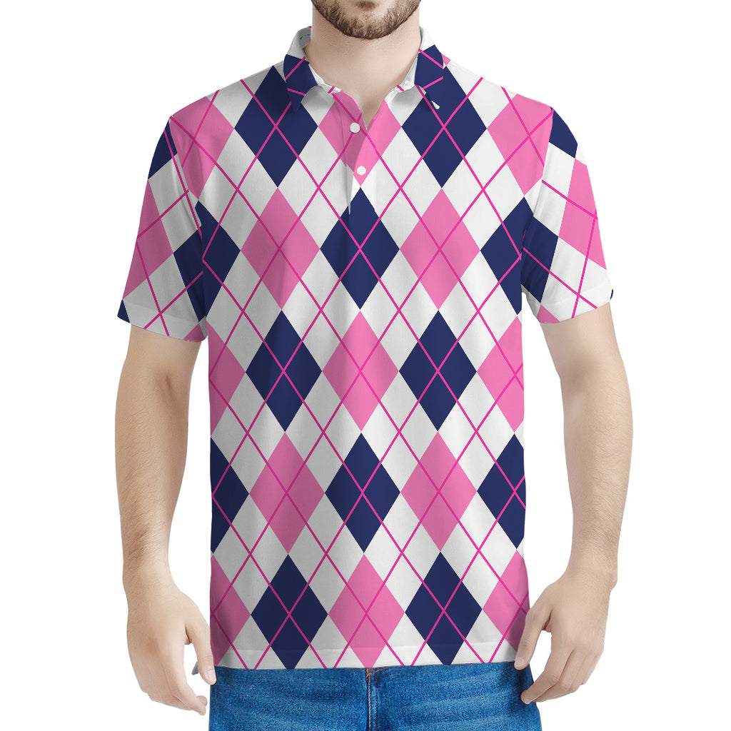 White Pink And Blue Argyle Pattern Print Men's Polo Shirt