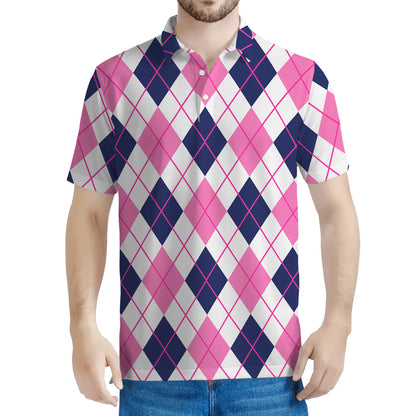 White Pink And Blue Argyle Pattern Print Men's Polo Shirt