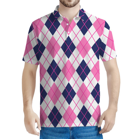 White Pink And Blue Argyle Pattern Print Men's Polo Shirt