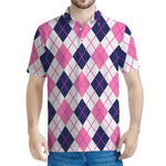 White Pink And Blue Argyle Pattern Print Men's Polo Shirt