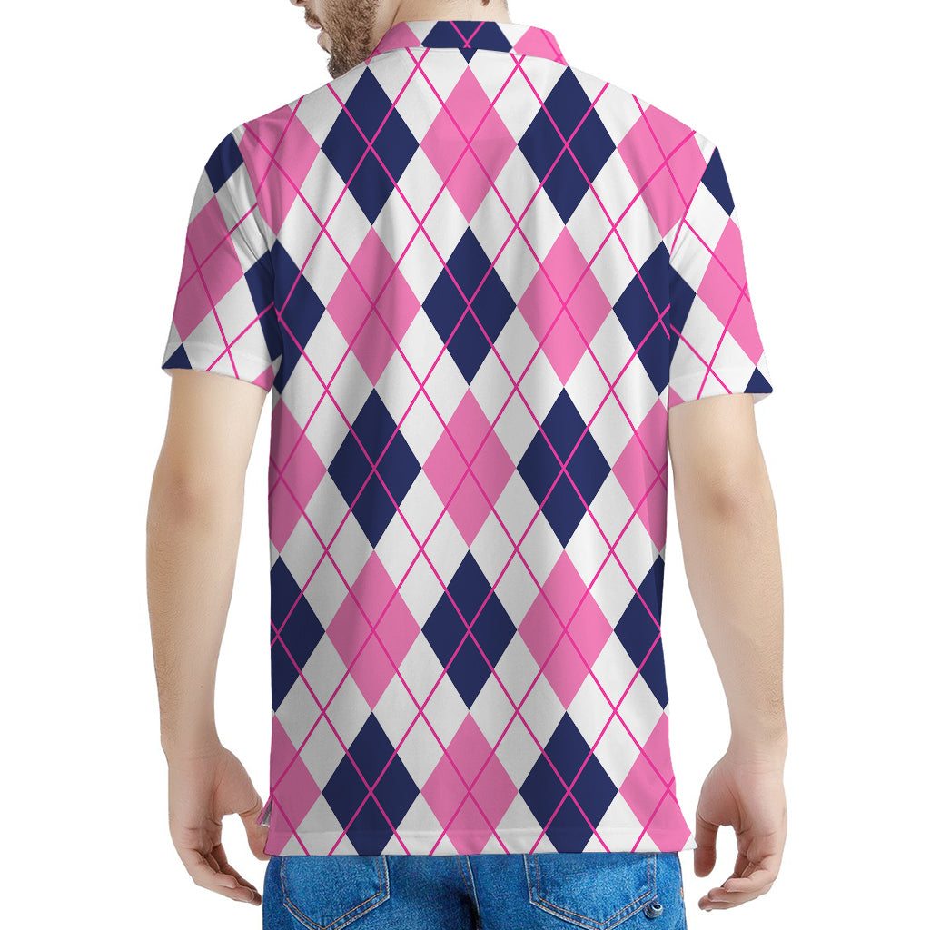 White Pink And Blue Argyle Pattern Print Men's Polo Shirt