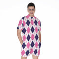 White Pink And Blue Argyle Pattern Print Men's Romper