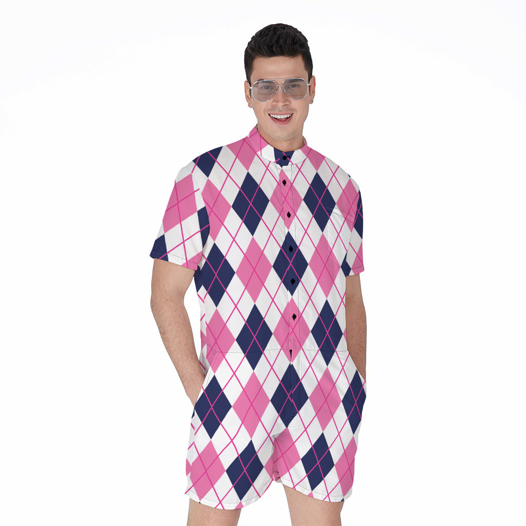 White Pink And Blue Argyle Pattern Print Men's Rompers