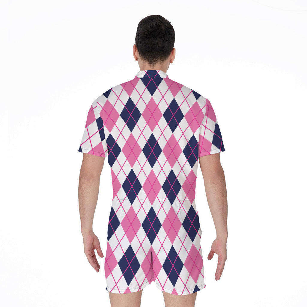 White Pink And Blue Argyle Pattern Print Men's Rompers