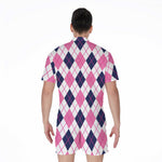 White Pink And Blue Argyle Pattern Print Men's Rompers