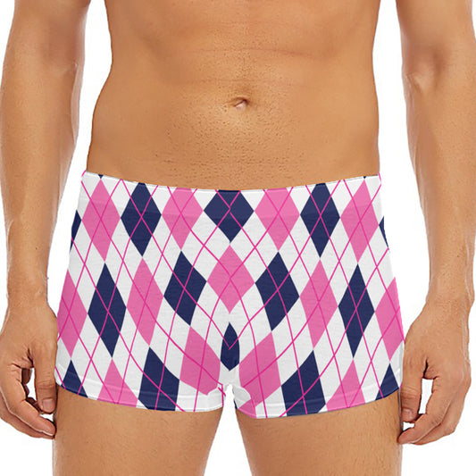 White Pink And Blue Argyle Pattern Print Men's Short Boxer Briefs