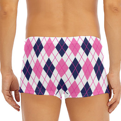 White Pink And Blue Argyle Pattern Print Men's Short Boxer Briefs