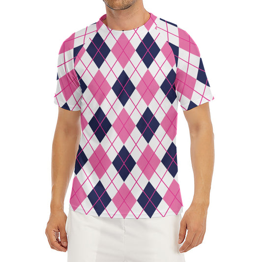 White Pink And Blue Argyle Pattern Print Men's Short Sleeve Rash Guard