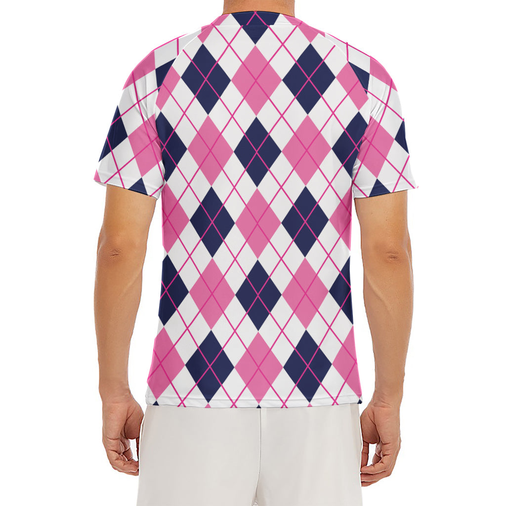 White Pink And Blue Argyle Pattern Print Men's Short Sleeve Rash Guard
