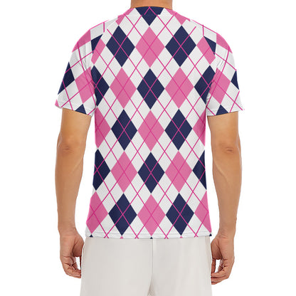 White Pink And Blue Argyle Pattern Print Men's Short Sleeve Rash Guard