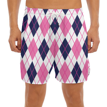White Pink And Blue Argyle Pattern Print Men's Split Running Shorts