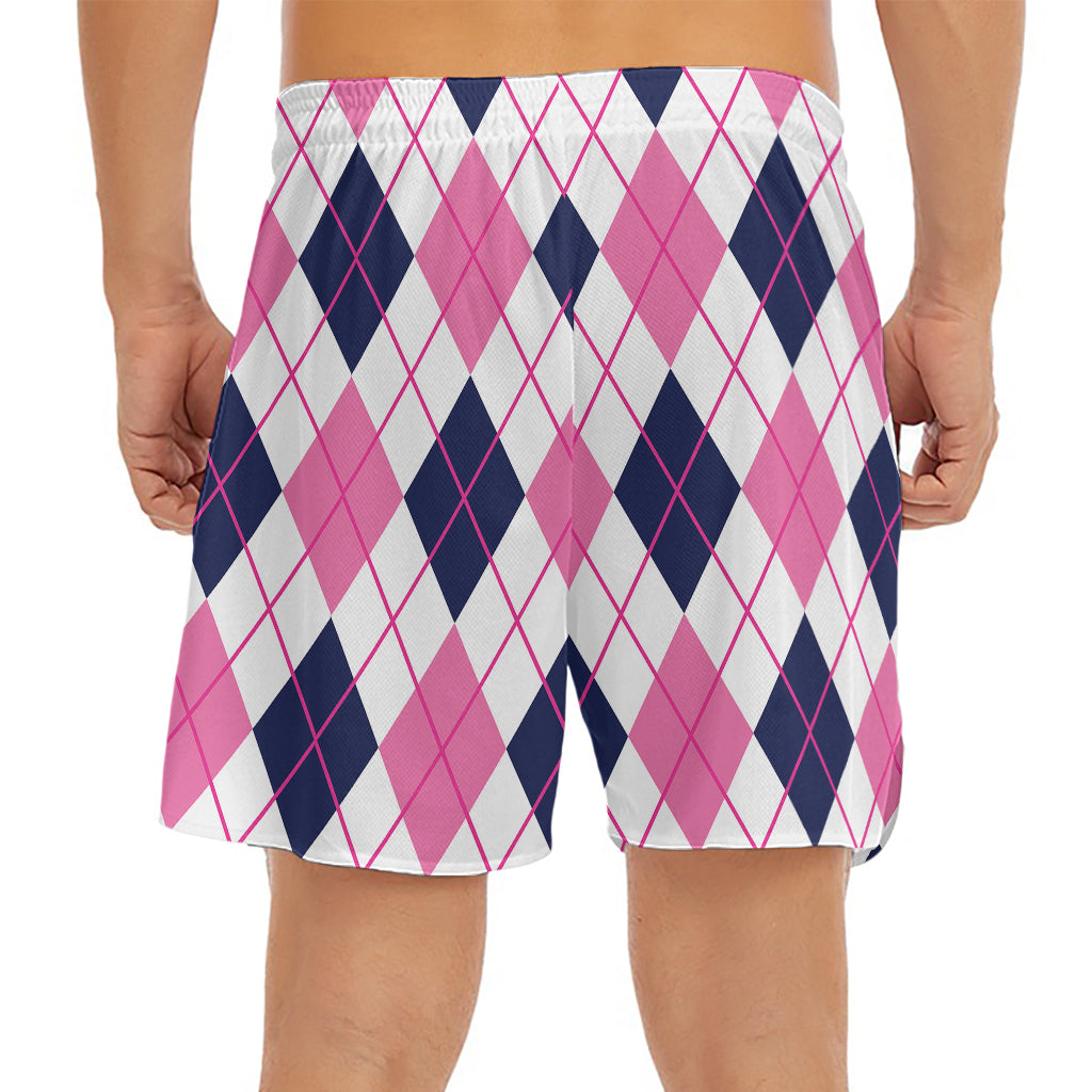 White Pink And Blue Argyle Pattern Print Men's Split Running Shorts