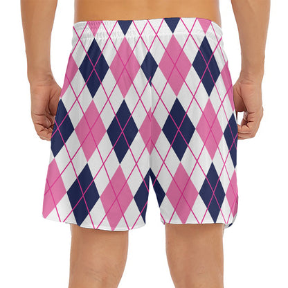 White Pink And Blue Argyle Pattern Print Men's Split Running Shorts