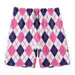 White Pink And Blue Argyle Pattern Print Men's Swim Trunks