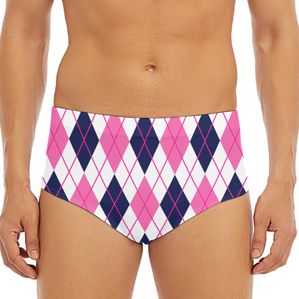 White Pink And Blue Argyle Pattern Print Men's Triangle Swim Briefs