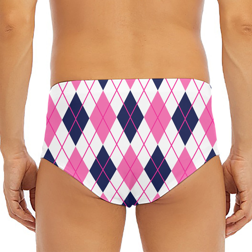 White Pink And Blue Argyle Pattern Print Men's Triangle Swim Briefs