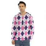 White Pink And Blue Argyle Pattern Print Men's Velvet Pullover Hoodie