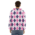 White Pink And Blue Argyle Pattern Print Men's Velvet Pullover Hoodie
