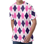 White Pink And Blue Argyle Pattern Print Men's Velvet T-Shirt