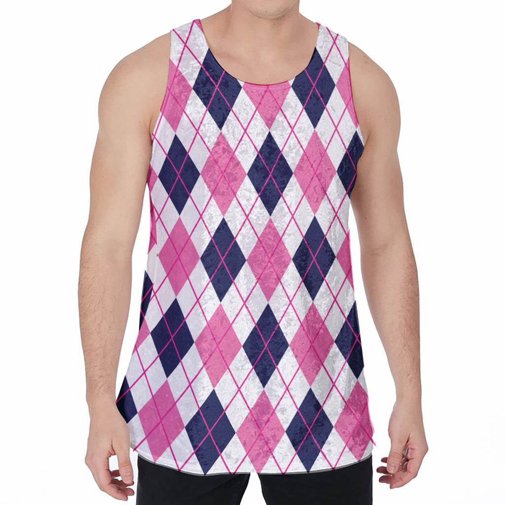 White Pink And Blue Argyle Pattern Print Men's Velvet Tank Top
