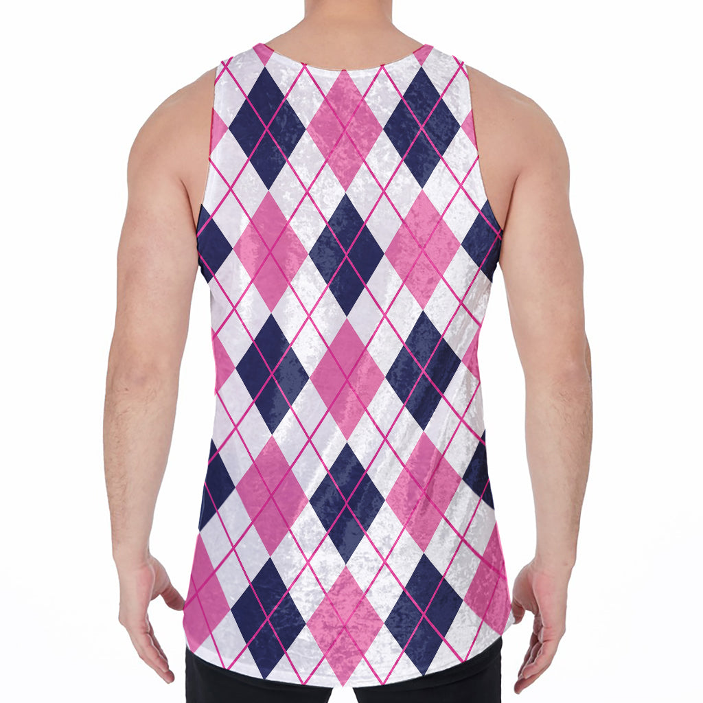 White Pink And Blue Argyle Pattern Print Men's Velvet Tank Top