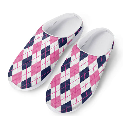White Pink And Blue Argyle Pattern Print Mesh Casual Shoes