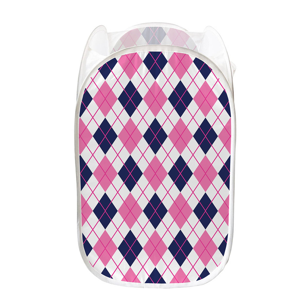 White Pink And Blue Argyle Pattern Print Mesh Laundry Hamper