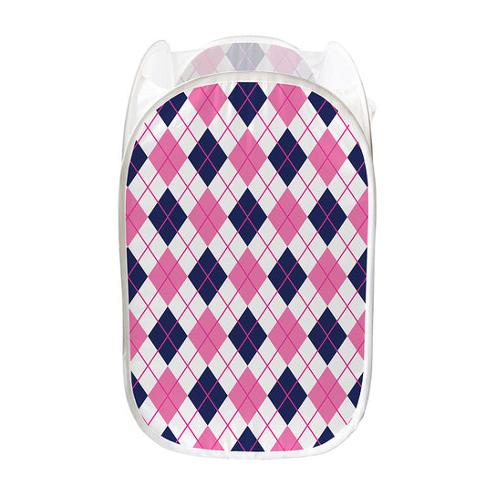 White Pink And Blue Argyle Pattern Print Mesh Laundry Hamper