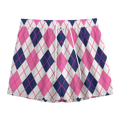 White Pink And Blue Argyle Pattern Print Mesh Shorts