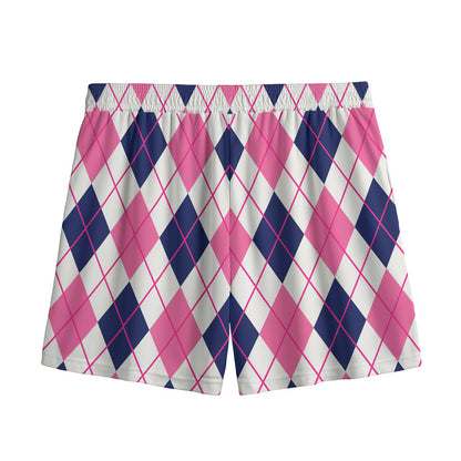 White Pink And Blue Argyle Pattern Print Mesh Shorts
