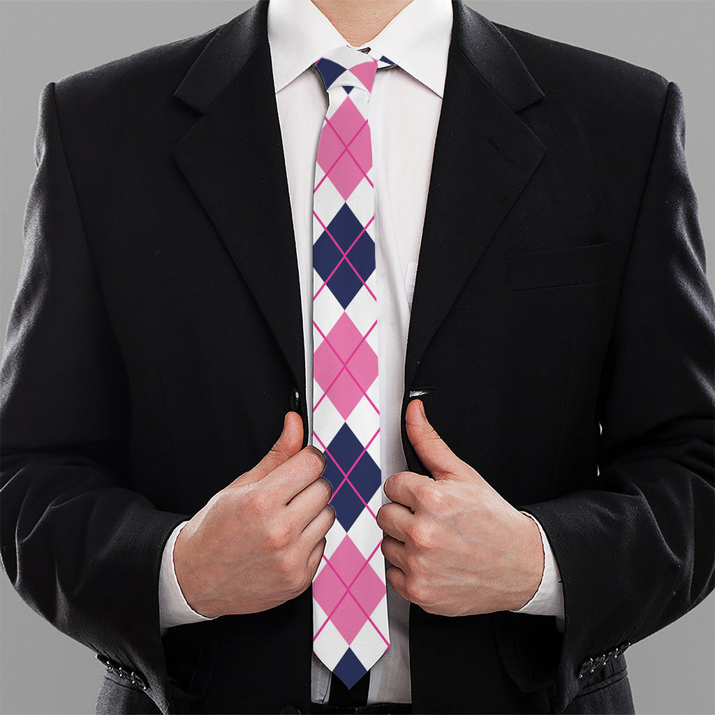 White Pink And Blue Argyle Pattern Print Necktie
