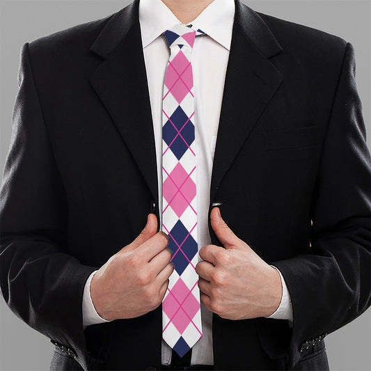 White Pink And Blue Argyle Pattern Print Necktie