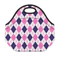 White Pink And Blue Argyle Pattern Print Neoprene Lunch Bag