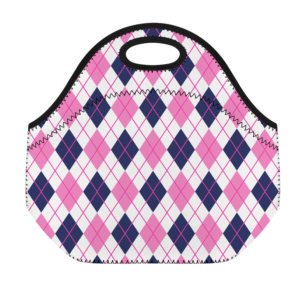 White Pink And Blue Argyle Pattern Print Neoprene Lunch Bag