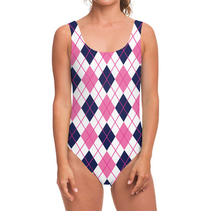White Pink And Blue Argyle Pattern Print One Piece Swimsuit