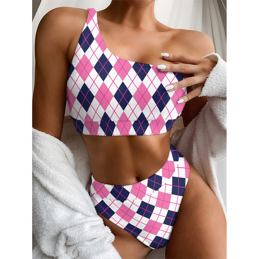 White Pink And Blue Argyle Pattern Print One Shoulder Bikini Top