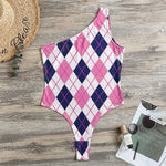 White Pink And Blue Argyle Pattern Print One Shoulder Bodysuit
