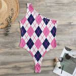White Pink And Blue Argyle Pattern Print One Shoulder Bodysuit