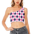 White Pink And Blue Argyle Pattern Print One Shoulder Crop Top