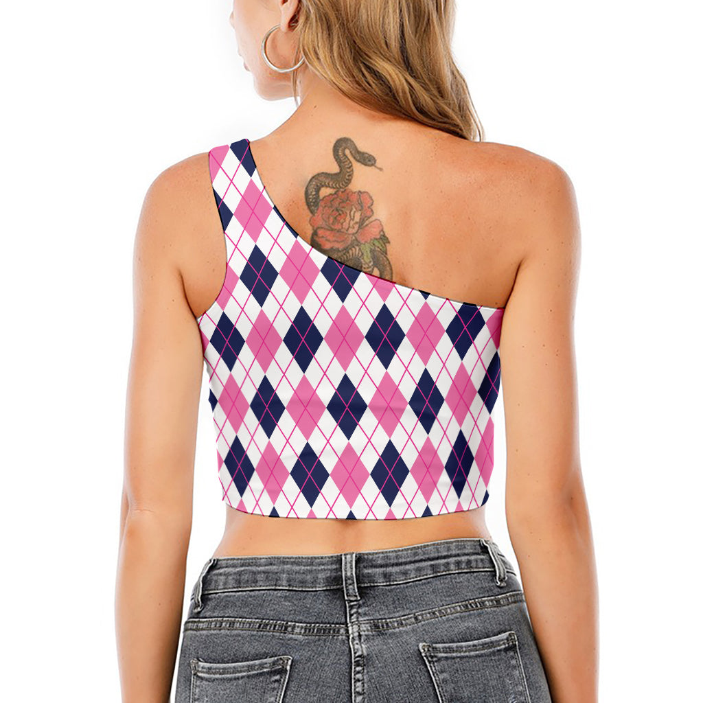 White Pink And Blue Argyle Pattern Print One Shoulder Crop Top