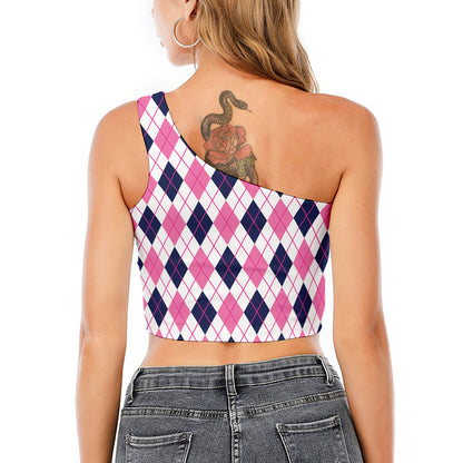 White Pink And Blue Argyle Pattern Print One Shoulder Crop Top