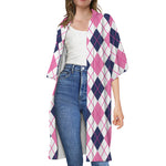 White Pink And Blue Argyle Pattern Print Open Front Beach Cover Up