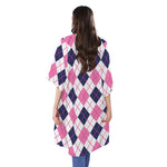White Pink And Blue Argyle Pattern Print Open Front Beach Cover Up