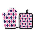White Pink And Blue Argyle Pattern Print Oven Mitt And Pot Holder Set