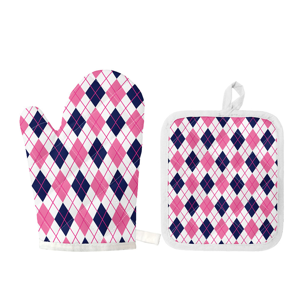 White Pink And Blue Argyle Pattern Print Oven Mitt And Pot Holder Set