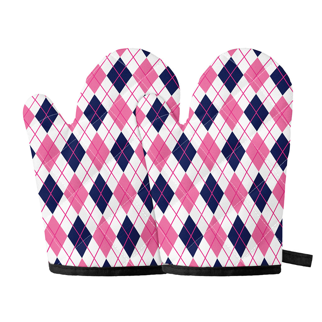 White Pink And Blue Argyle Pattern Print Oven Mitts