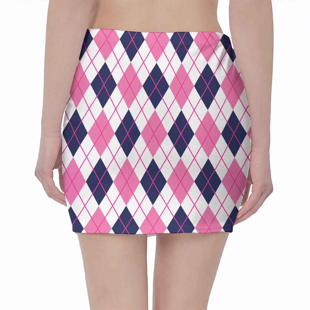 White Pink And Blue Argyle Pattern Print Pencil Mini Skirt