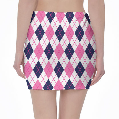 White Pink And Blue Argyle Pattern Print Pencil Mini Skirt