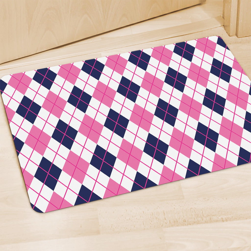 White Pink And Blue Argyle Pattern Print Polyester Doormat
